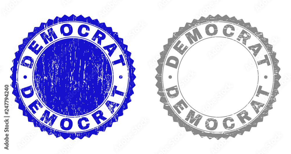 Grunge DEMOCRAT stamp seals isolated on a white background. Rosette seals with distress texture in blue and grey colors. Vector rubber stamp imitation of DEMOCRAT title inside round rosette. Grunge DEMOCRAT stamp seals isolated on a white background. Rosette seals with distress texture in blue and grey colors. Vector rubber stamp imitation of DEMOCRAT title inside round rosette.