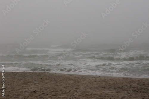 Sea storm in cold winter morning and fog