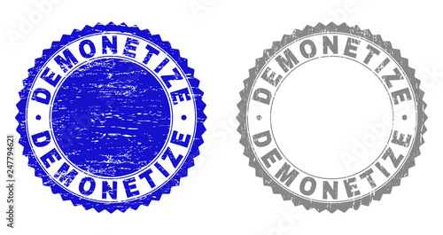 Grunge DEMONETIZE stamp seals isolated on a white background. Rosette seals with grunge texture in blue and grey colors. Vector rubber stamp imprint of DEMONETIZE caption inside round rosette.