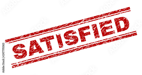 SATISFIED seal print with distress texture. Red vector rubber print of SATISFIED title with unclean texture. Text title is placed between double parallel lines.