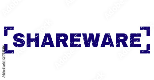 SHAREWARE text seal print with corroded texture. Text tag is placed between corners. Blue vector rubber print of SHAREWARE with scratched texture.