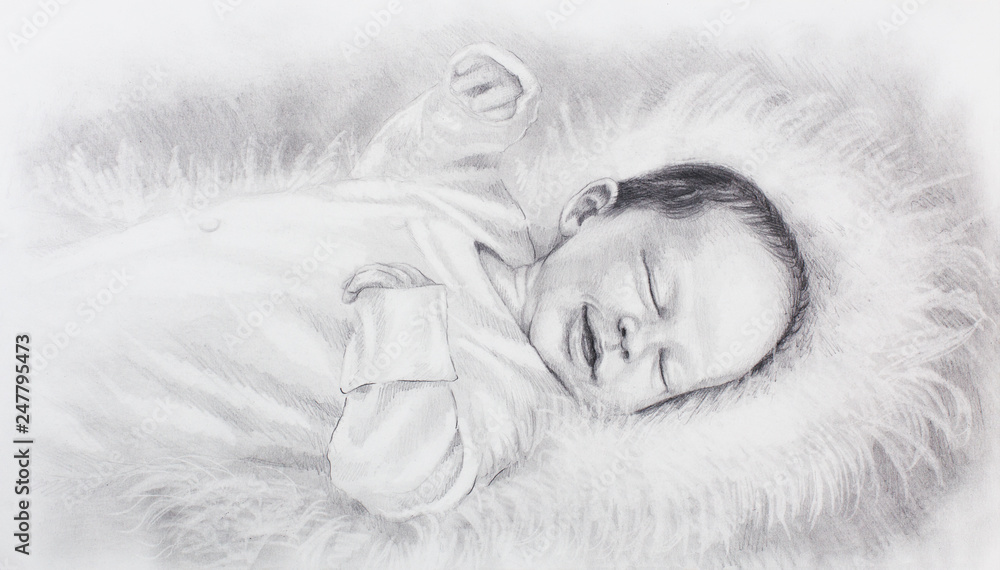drawing of cute smiling newborn baby lying on white fur. drawing of cute smiling newborn baby lying on white fur.