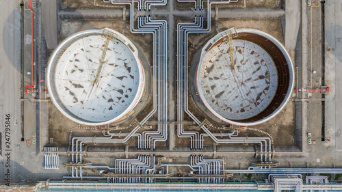 Tank farm or oil terminal for storage of oil and petrochemical products, Aerial view.