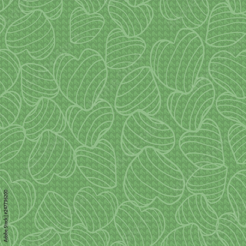 Green monochrome line art bouncy striped hearts packed together on a canvas-like textured background. Seamless vector pattern.