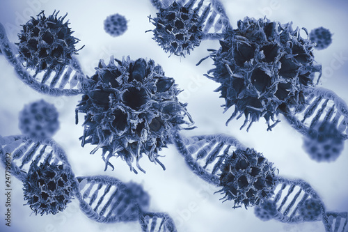 DNA double helix with some strange bodies as a cancer and other genetic syndromes.