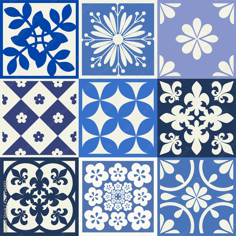 Blue Portuguese tiles pattern - Azulejos vector, fashion interior design tiles Blue Portuguese tiles pattern - Azulejos vector, fashion interior design tiles