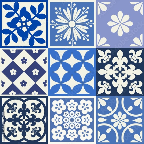Blue Portuguese tiles pattern - Azulejos vector  fashion interior design tiles 