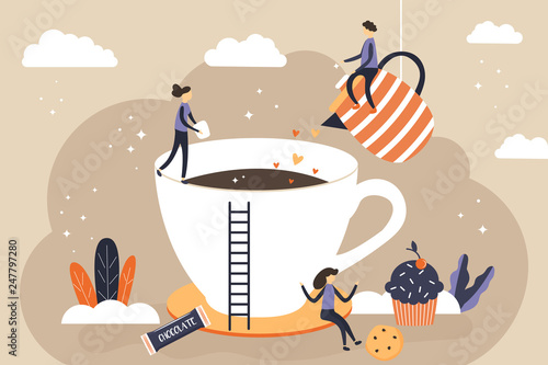 Coffee break with flat people. Menu Template.
