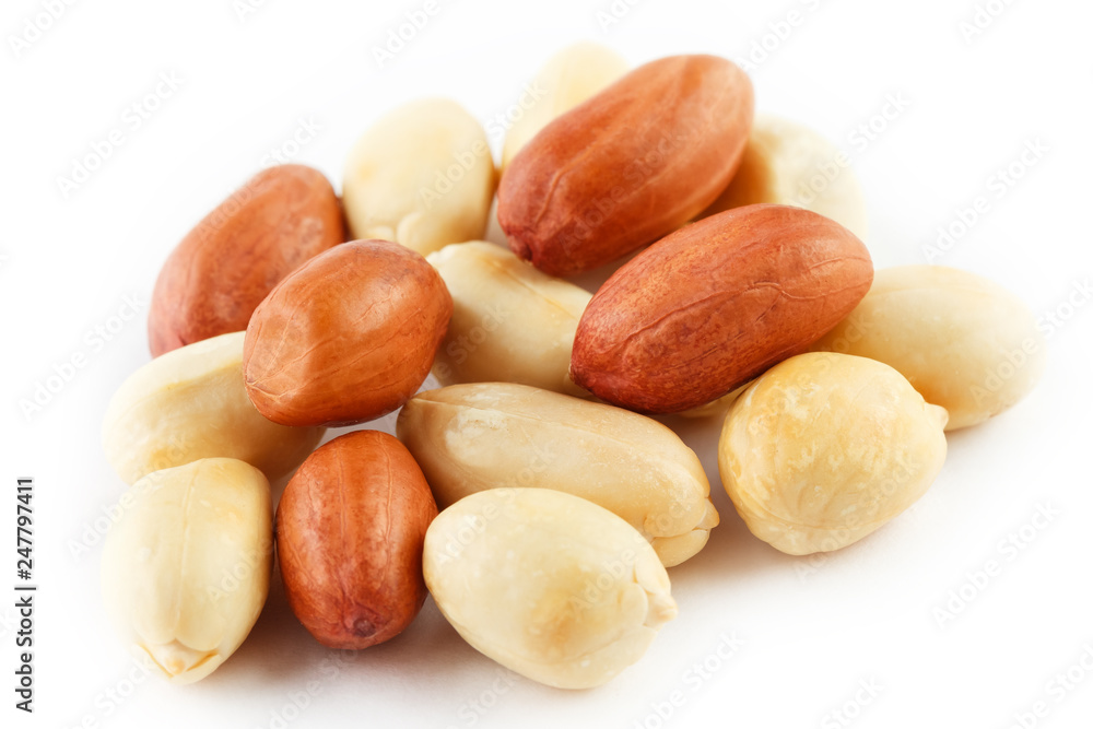 Peanuts isolated on white background. Peeled Peel and Scarlup. Peanuts isolated on white background. Peeled Peel and Scarlup.