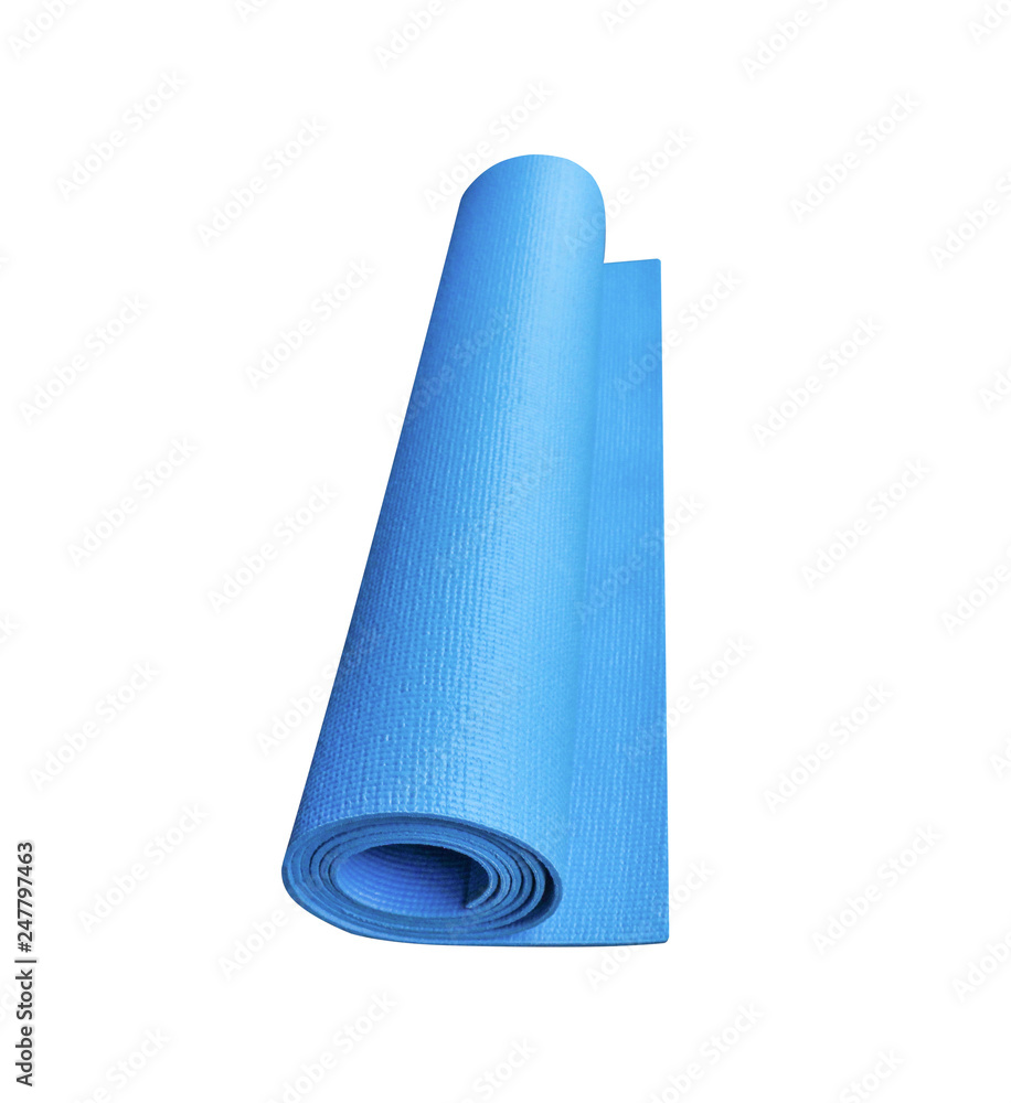 Roll of blue yoga mat sport isolated on white background with clipping path