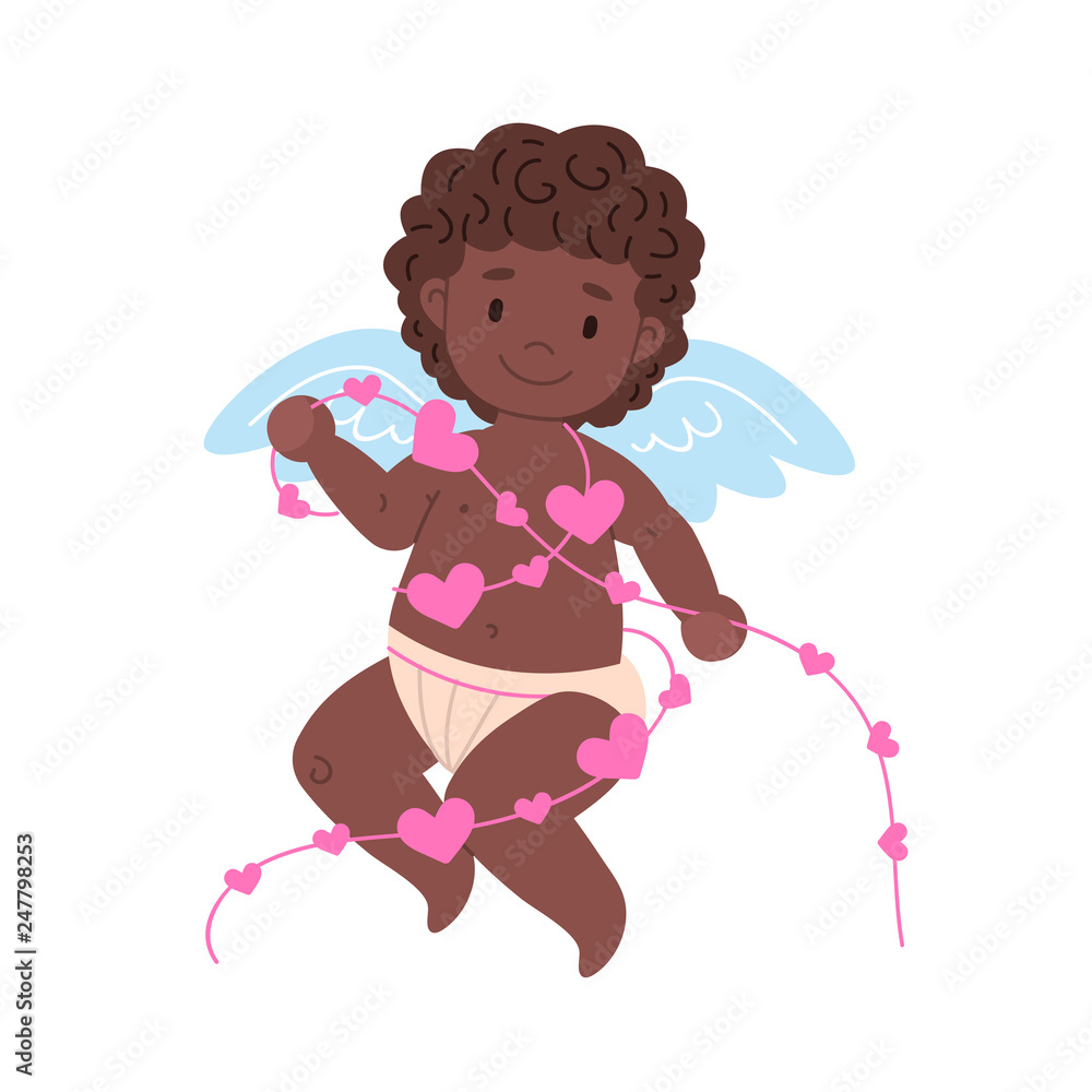 Isolated black african cupid with heart shape garland Isolated black african cupid with heart shape garland
