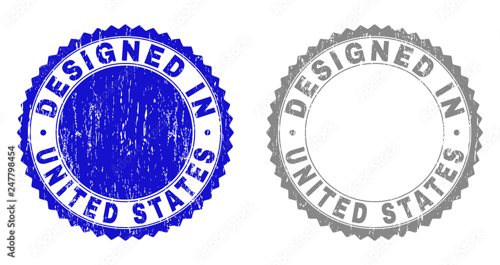 Grunge DESIGNED IN UNITED STATES stamp seals isolated on a white background. Rosette seals with grunge texture in blue and gray colors.