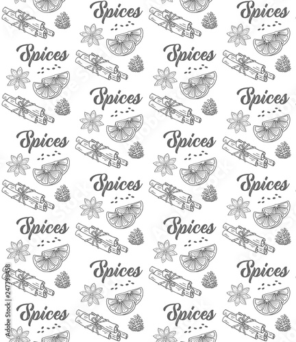 Hand drawn outline illustration mulling spices for hot wine. Anise star, orange and cinnamon sticks bound together, a pine cone. Winter holiday, mulling wine spices pattern.