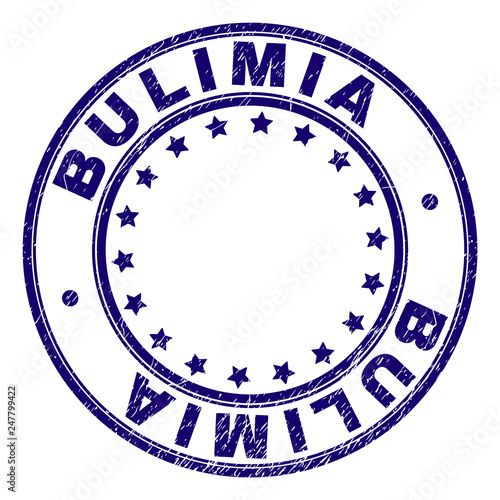 BULIMIA stamp seal imprint with grunge texture. Designed with round shapes and stars. Blue vector rubber print of BULIMIA text with grunge texture.