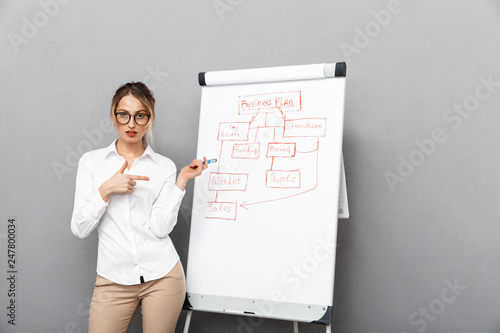 Image of young businesswoman in formal wear standing and making presentation using flipchart in the office, isolated over gray background