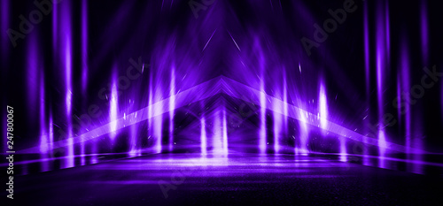 Empty stage background in purple color  spotlights  neon rays. Abstract background of neon lines and rays.