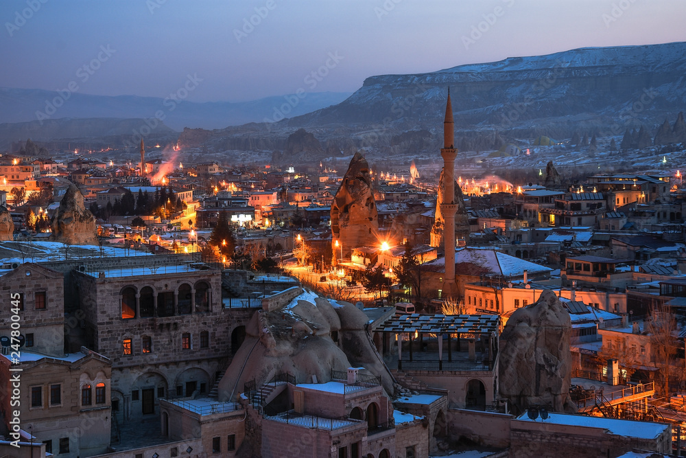 Goreme town on evening time in Cappadocia, Central Anatolia,Turkey
