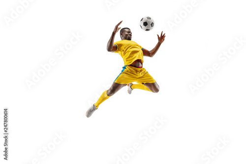 Fotografiet Professional african american football soccer player in motion isolated on white studio background