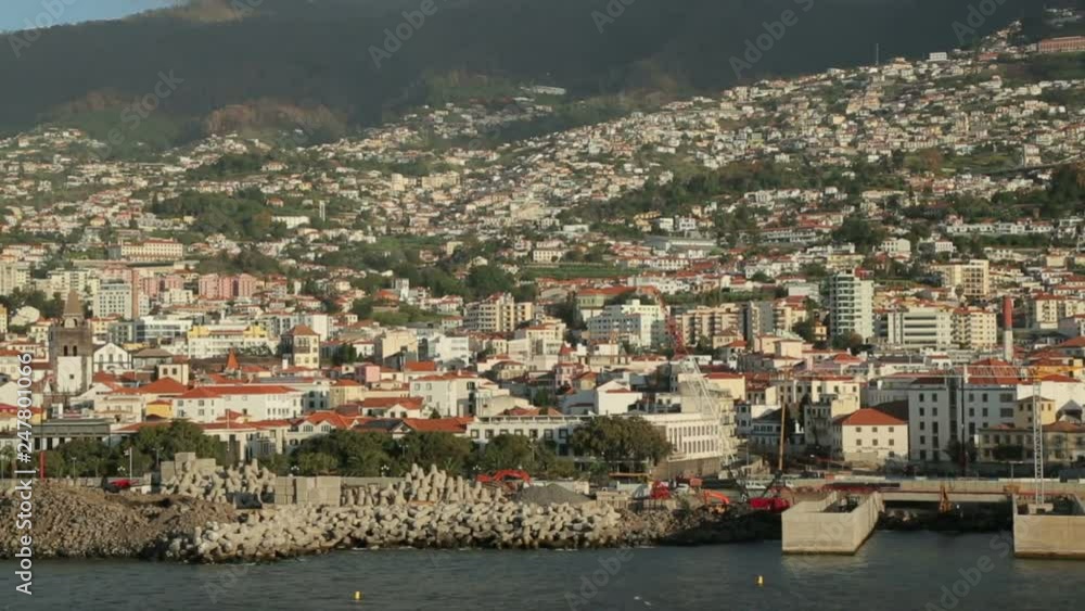 Funchal harbour and town showing sea defences, Madeira, Portugal Funchal harbour and town showing sea defences, Madeira, Portugal