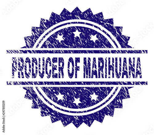 PRODUCER OF MARIHUANA stamp seal watermark with distress style. Blue vector rubber print of PRODUCER OF MARIHUANA title with dirty texture.