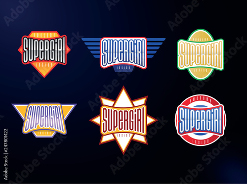 Sport emblem typography set. Super girl hero logotype sticker for your t-shirt. Mega collection