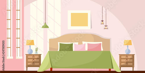 Interior room concept background. Bedroom interior with a bed, nightstands, lamps, picture and large windows with lights of a sun. Cozy elegant furniture. Flat cartoon style vector illustration.