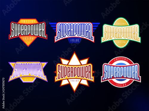 Sport emblem typography set. Super power hero logotype sticker for your t-shirt. Mega collection