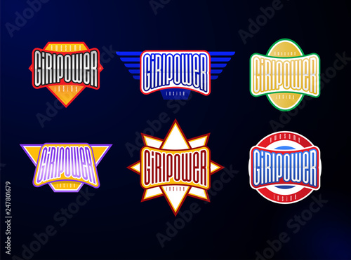 Sport emblem typography set. Super girl power hero ogotype sticker for your t-shirt. Mega collection photo