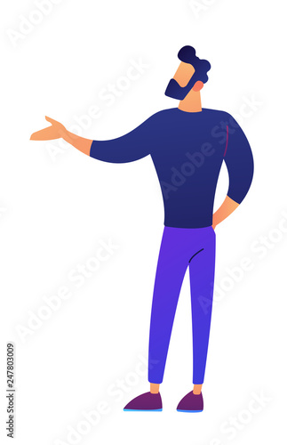 Businessman with pointing hand gesture to present something vector illustration. Presentation and advertisement, professional manager and business training concept. Isolated on white background.