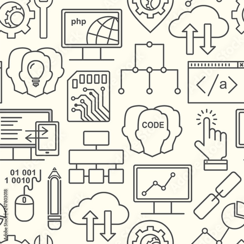 Seamless Internet technology and programming pattern with linear icons. Line style html, php and code background.