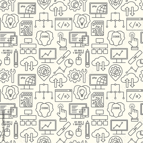 Seamless Internet technology and programming pattern with linear icons. Line style html, php and code background.