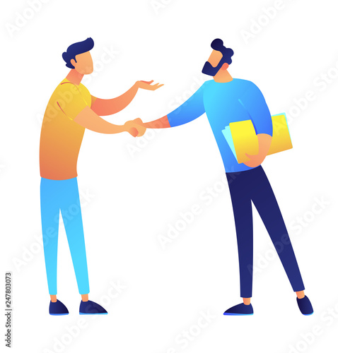 Two businessmen shaking hands after negotiation vector illustration. Business partnership and agreement, colleagues and cooperation, good deal and teamwork concept. Isolated on white background.