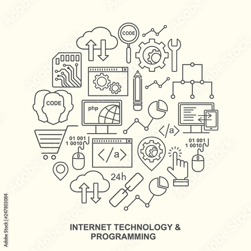 Internet technology and programming pattern with linear icons on white. Line style html, php and code background with place for text.