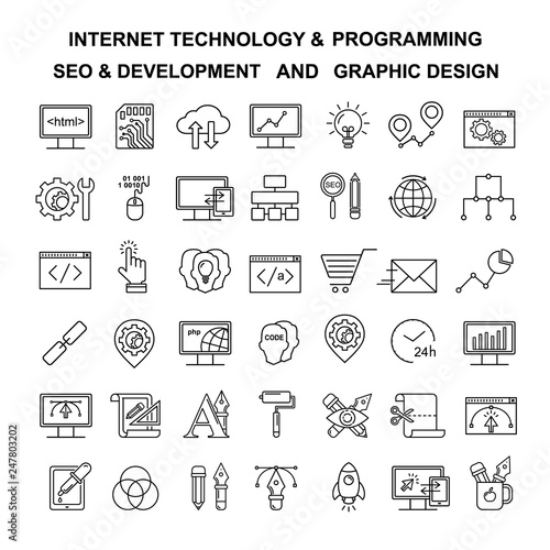 Internet technology and programming linear icons set. Html, php and code line style icons.