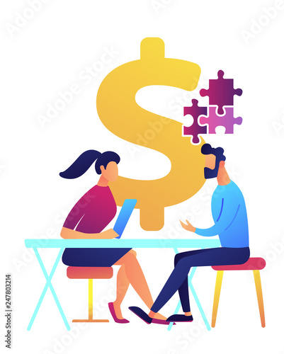 Businesswoman at desk helps businessman solve puzzle and dollar sign vector illustration