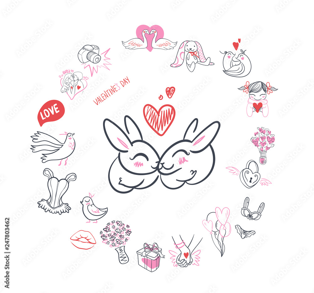 Collection of hand drawn Valentine day doodle. Valentine's day special pack design elements sets. Perfect for invitation cards and page decoration. Vector illustration.