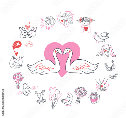 Collection of hand drawn Valentine day doodle. Valentine s day special pack design elements sets. Perfect for invitation cards and page decoration. Vector illustration.