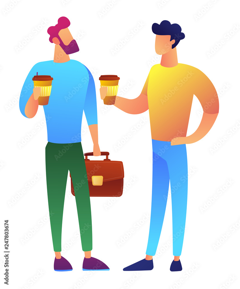 Two businessmen standing, drinking coffee and discussing something Two businessmen standing, drinking coffee and discussing something