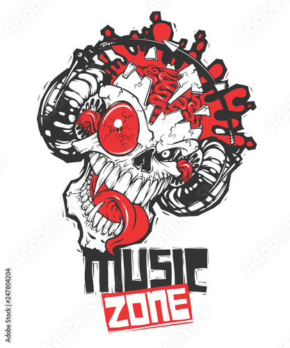 Music zone. An abstract skull explodes from the music from the headphones