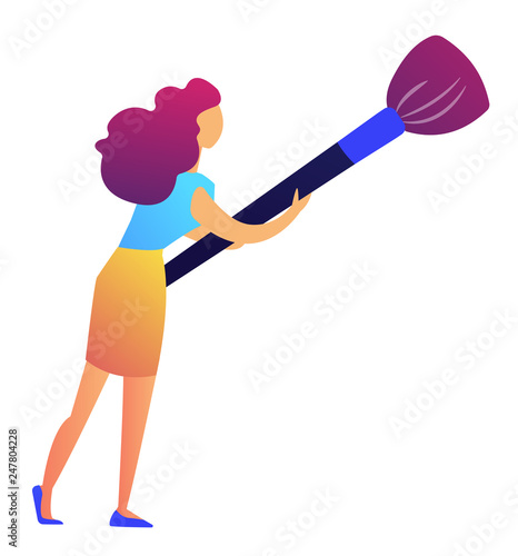 Professional makeup specialist holding a big brush for applying makeup vector illustration