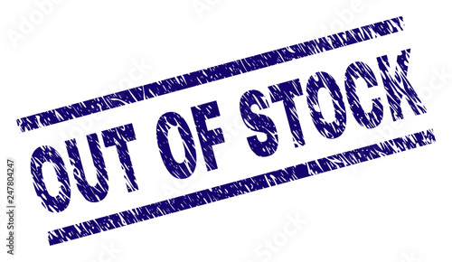 OUT OF STOCK seal imprint with distress style. Blue vector rubber print of OUT OF STOCK label with grunge texture. Text label is placed between parallel lines.