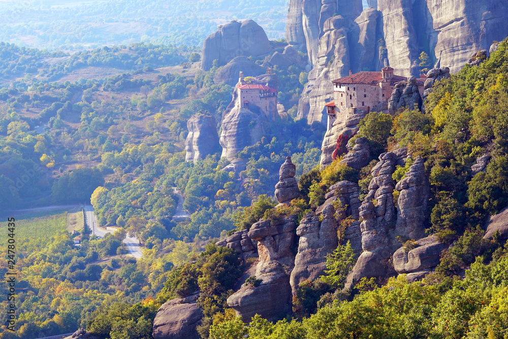 Beautiful light effect at dawn on the rock formations and monasteries of Meteora