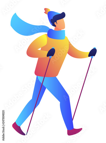 Nordic walker in winter clothes exercises with walking poles vector illustration