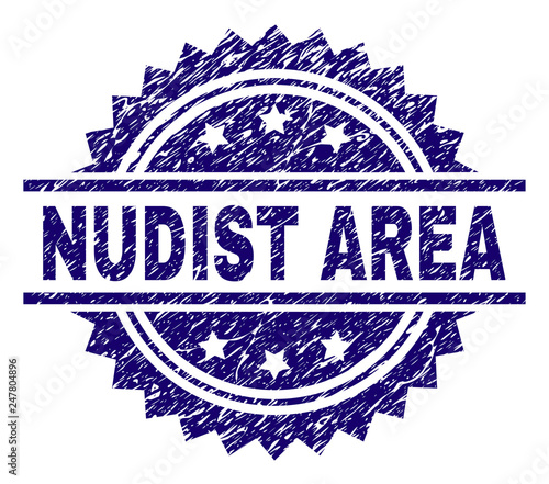 NUDIST AREA stamp seal watermark with distress style. Blue vector rubber print of NUDIST AREA tag with grunge texture.