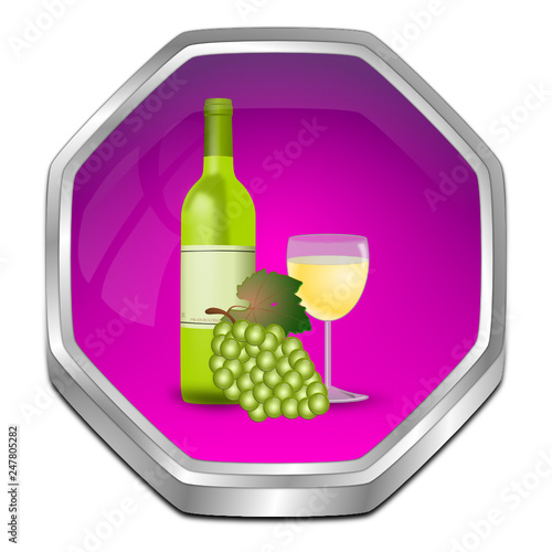 Button with wine bottle, a glass of wine and Grapes - 3D illustration