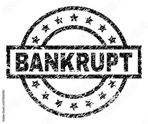 BANKRUPT stamp seal watermark with distress style. Designed with rectangle, circles and stars. Black vector rubber print of BANKRUPT tag with retro texture.