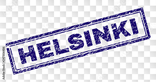 HELSINKI stamp seal watermark with rubber print style and double framed rectangle shape. Stamp is placed on a transparent background. Blue vector rubber print of HELSINKI caption with unclean texture.
