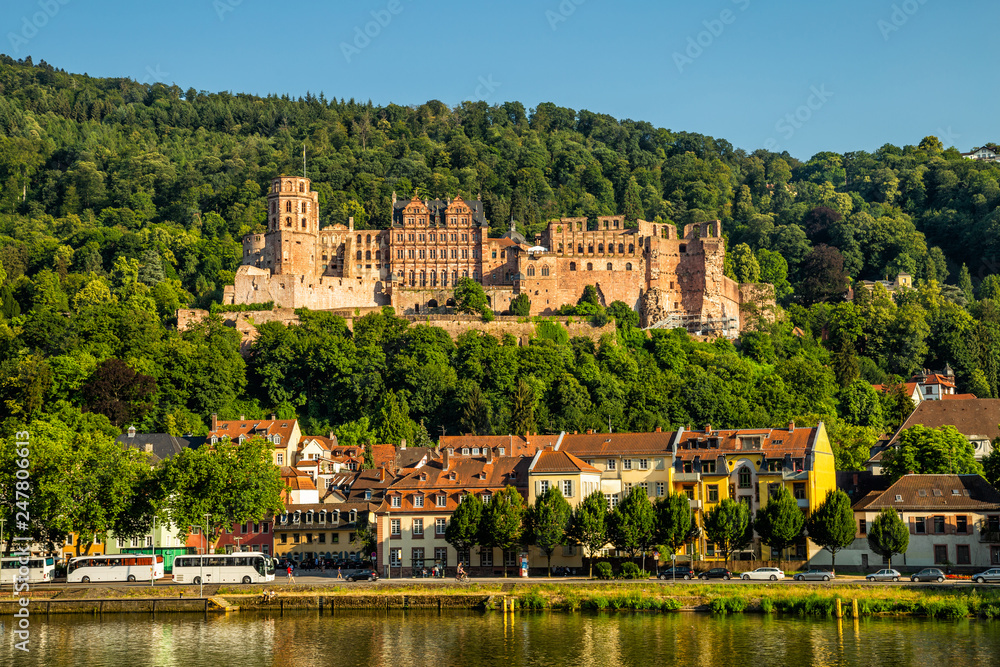 Obraz premium View of city Heidelberg and ruins of renaissance Heidelberg Castle on Konigstuhl hill, Germany