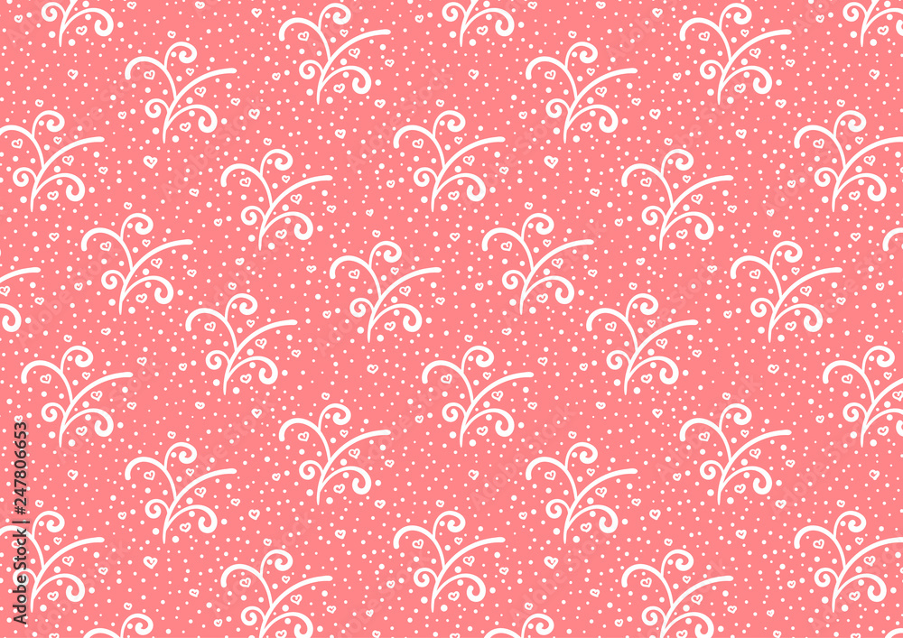 Floral romantic background with abstract plants, hearts and dots