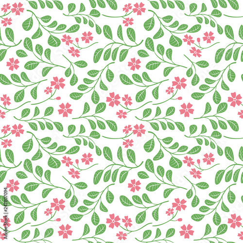 green leaves with red flowers on white background - seamless pattern